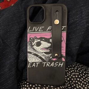 Black 'Live Fast Eat Trash' Graphic iPhone 14 Plus Case with Strap